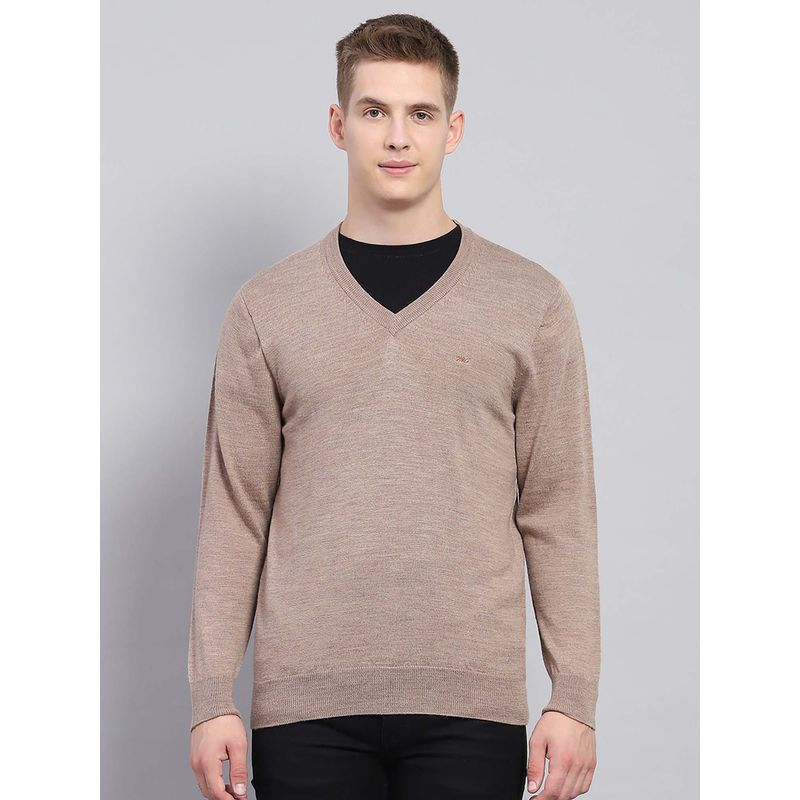 Monte Carlo Mens Solid Beige V-Neck Full Sleeve Sweater (M)