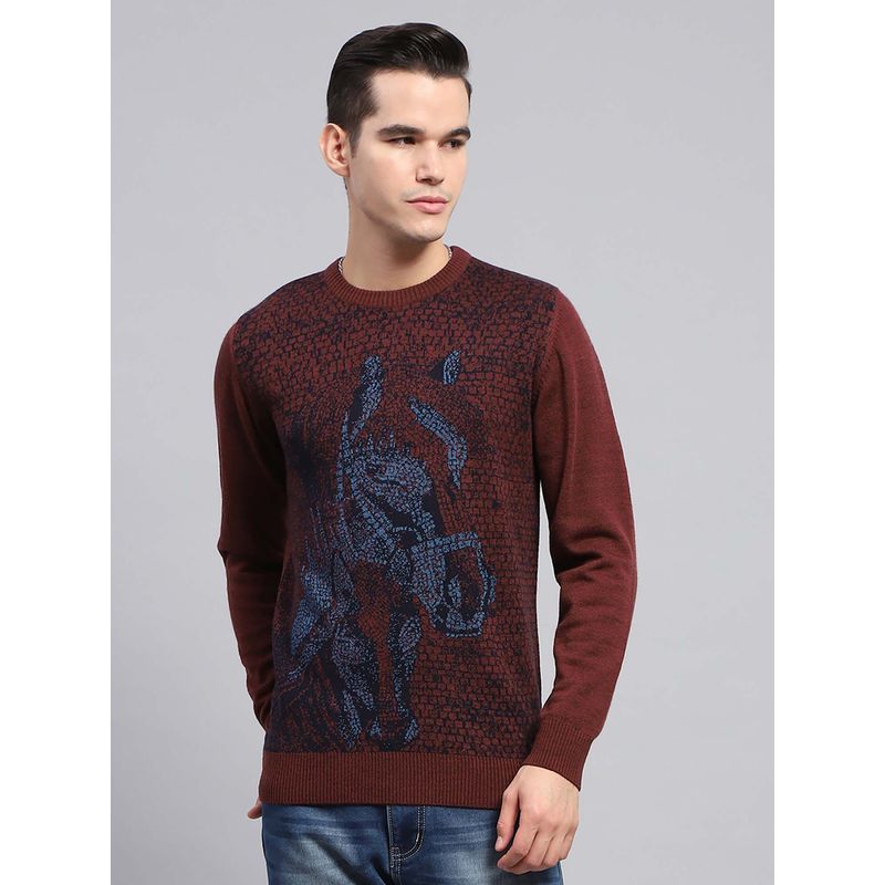 Monte Carlo Mens Wine Self Design Round Neck Full Sleeve Sweater (L)