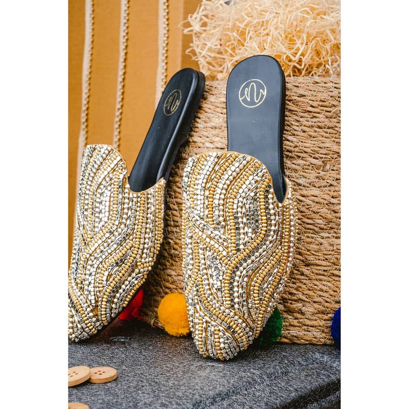 NR BY NIDHI RATHI Sequined Gold Mules (Euro 36) (EURO 36)