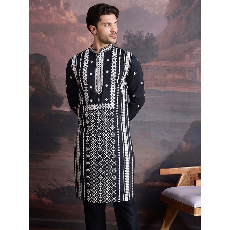 Sanwara Men Premium Cotton Black Embroidered Sequinned Kurta (36)