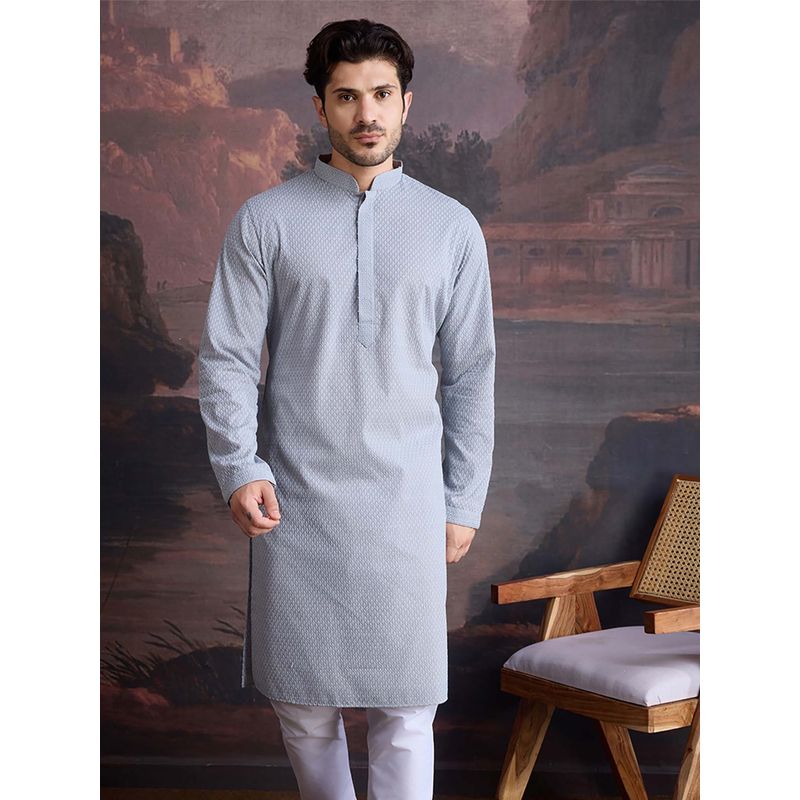 Sanwara Men Grey Cotton Chikankari Embroidered Kurta (38)