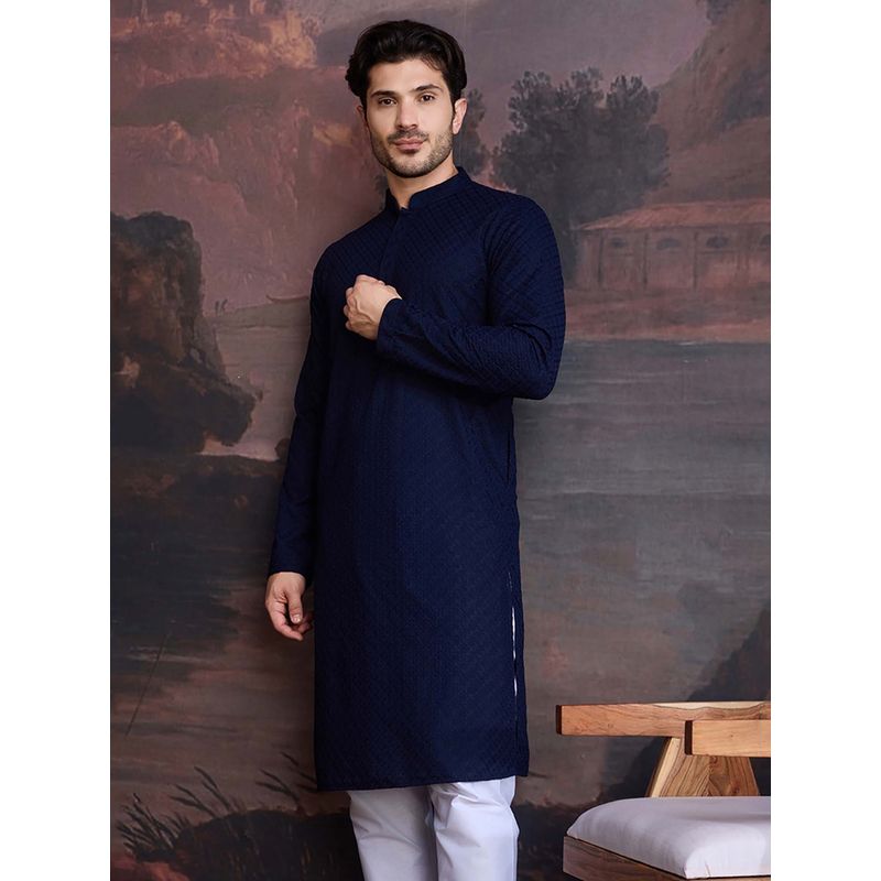 Sanwara Men Navy Blue Cotton Chikankari Stylish Kurta (38)