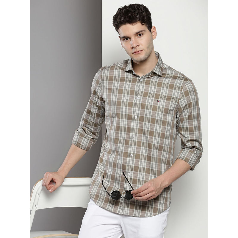 Tommy Hilfiger Light Brown Checks Slim Fit Cotton Shirt (40)