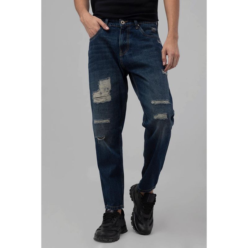 Snitch Mens Dark Blue Plain Loose Casual Jeans (30)