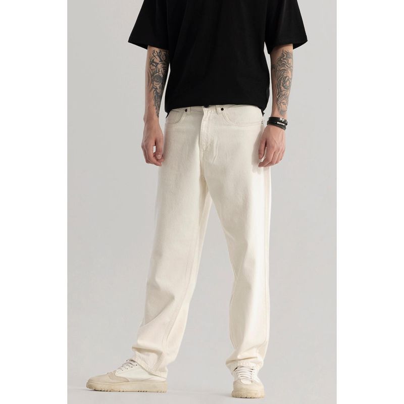 Snitch Mens Cream Plain Relaxed Casual Jeans (30)