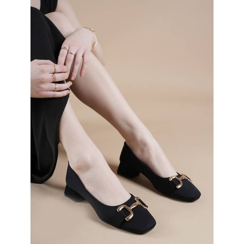 Drop Bold Black Square Toe Block Heel Pumps Women (EURO 38)