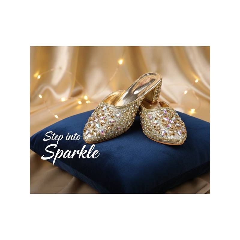 Dollphin Women Gold Embellished Fancy Party Wear Block Sandal Heels (EURO 37)