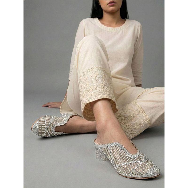 Dollphin Women Silver Embellished Party Wear Fancy Mules Heels (EURO 36)