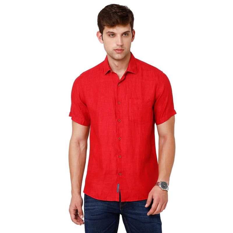 Buy Linen Club Men's Pure Linen Red Chambray Regular Fit Half Sleeve ...