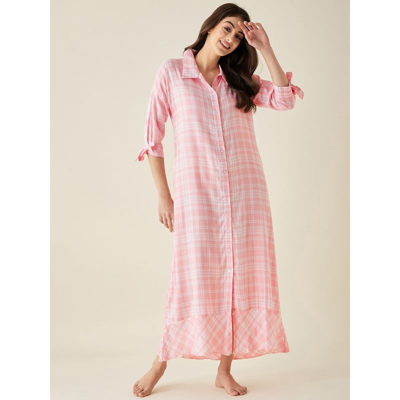 The Kaftan Company Pink Cotton Plaid Button Down Lounge Dress (M)