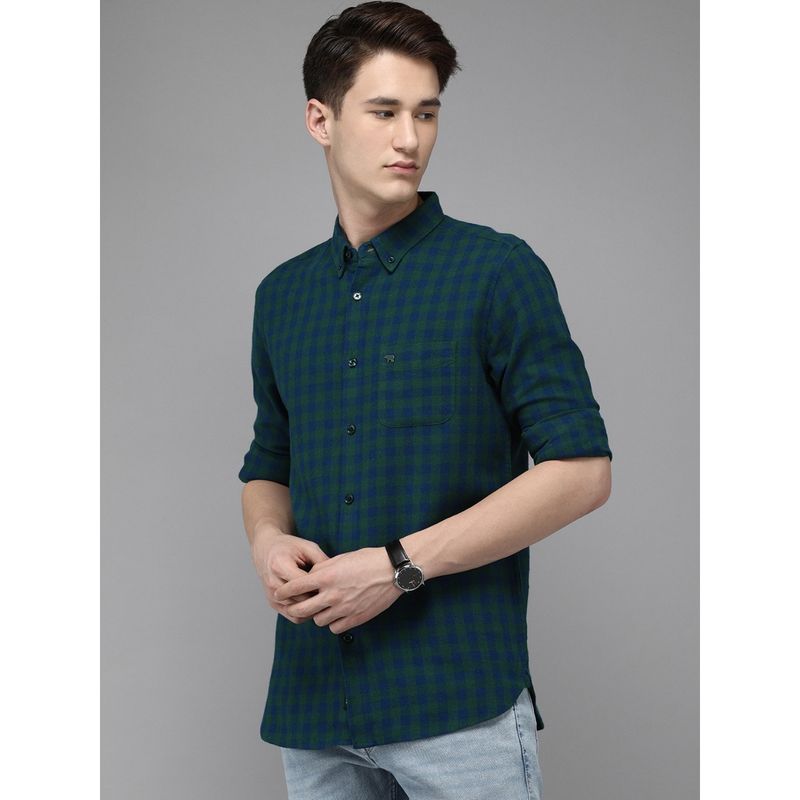 THE BEAR HOUSE Men Green & Blue Checked Slim Fit Flannel Cotton Casual Shirt (L)