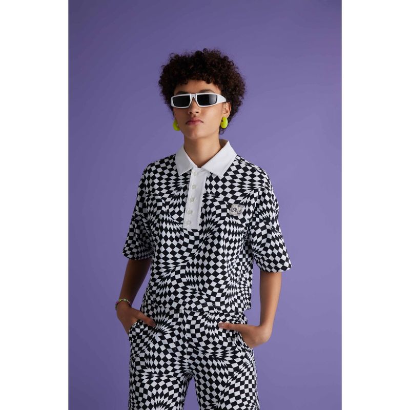 Muvazo Womens Vibe In Check Polo T-Shirt Black (XS)