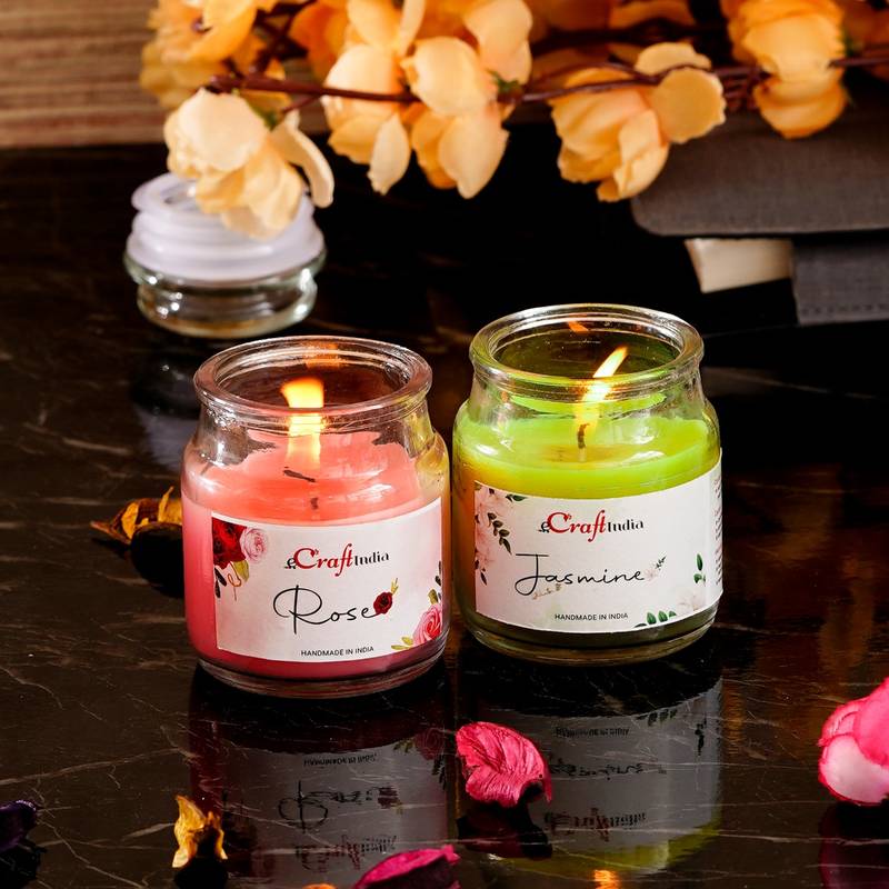 Buy eCraftIndia Jar Jasmine and Rose Scented Candles (Set Of 2) Online