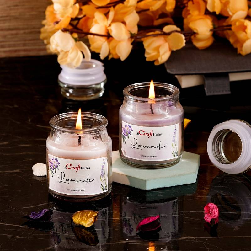 Buy eCraftIndia Glass Jar Lavender Scented Candles (Set Of 2) Online