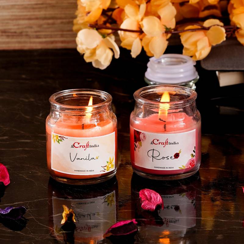 Buy eCraftIndia Glass Jar Rose and Vanilla Scented Candles (Set Of 2 ...