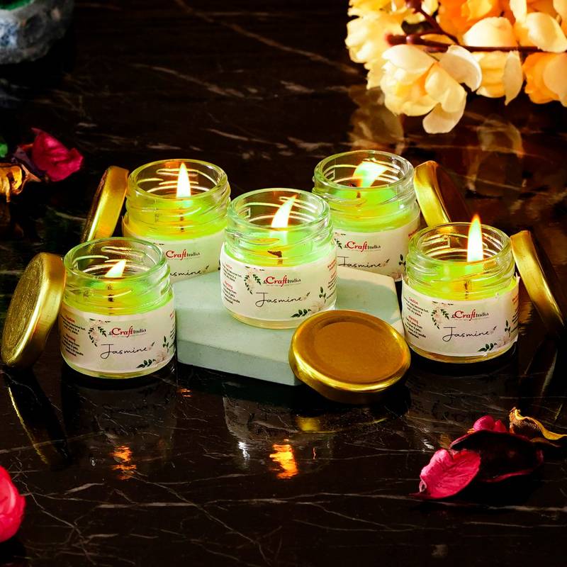 Buy eCraftIndia Mini Jar Jasmine Scented Candles (Set Of 5) Online