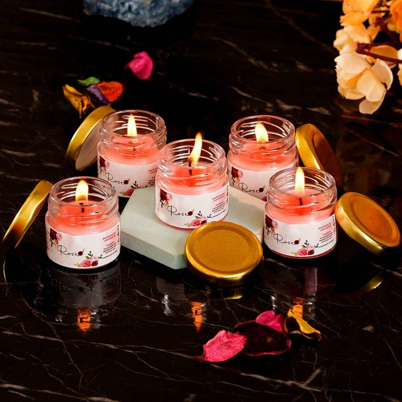 Buy eCraftIndia Mini Jar Rose Scented Candles (Set Of 5) Online
