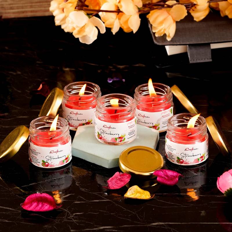 Buy eCraftIndia Mini Jar Strawberry Scented Candles (Set Of 5) Online