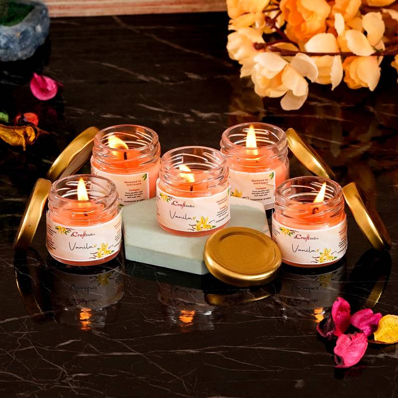 Buy eCraftIndia Mini Jar Vanilla Scented Candles (Set Of 5) Online