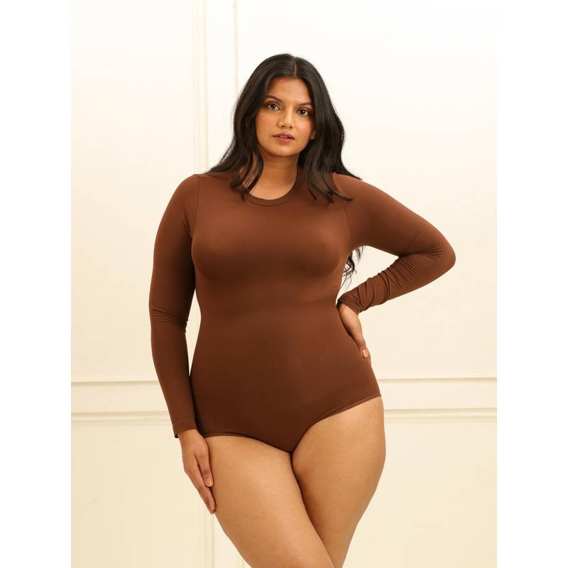 Underneat Women Long Sleeve Bodysuit Shapewear Brown (XS-S)