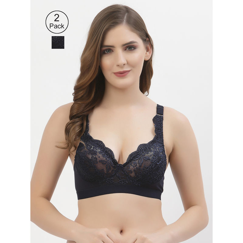 Floret Women Full Coverage Non Padded Bra-Navy Blue (Pack of 2) (40B)