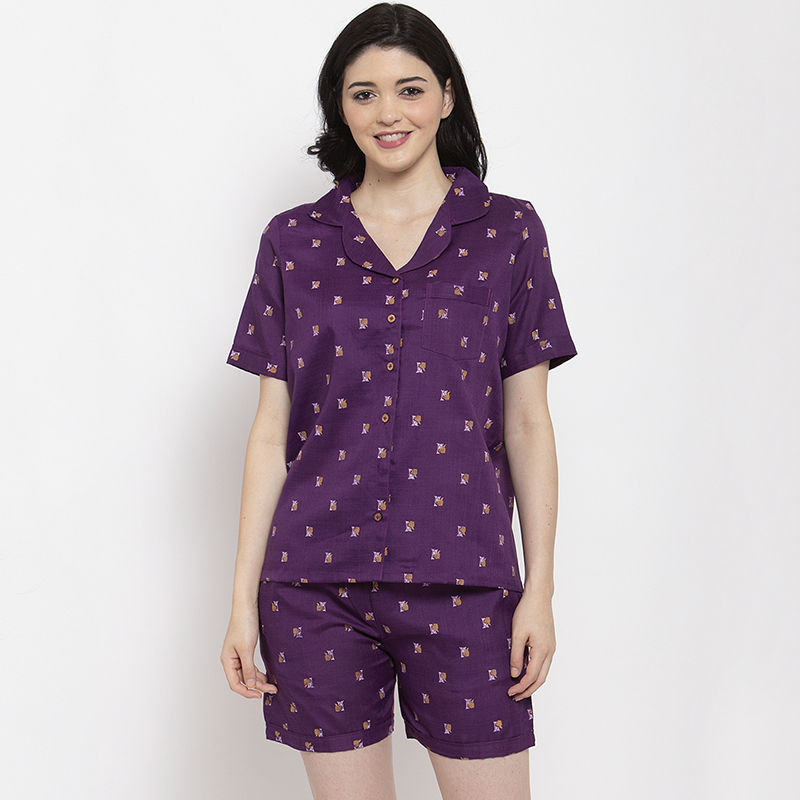 Secret Wish Women's Purple Cotton Printed Nightsuit (M)