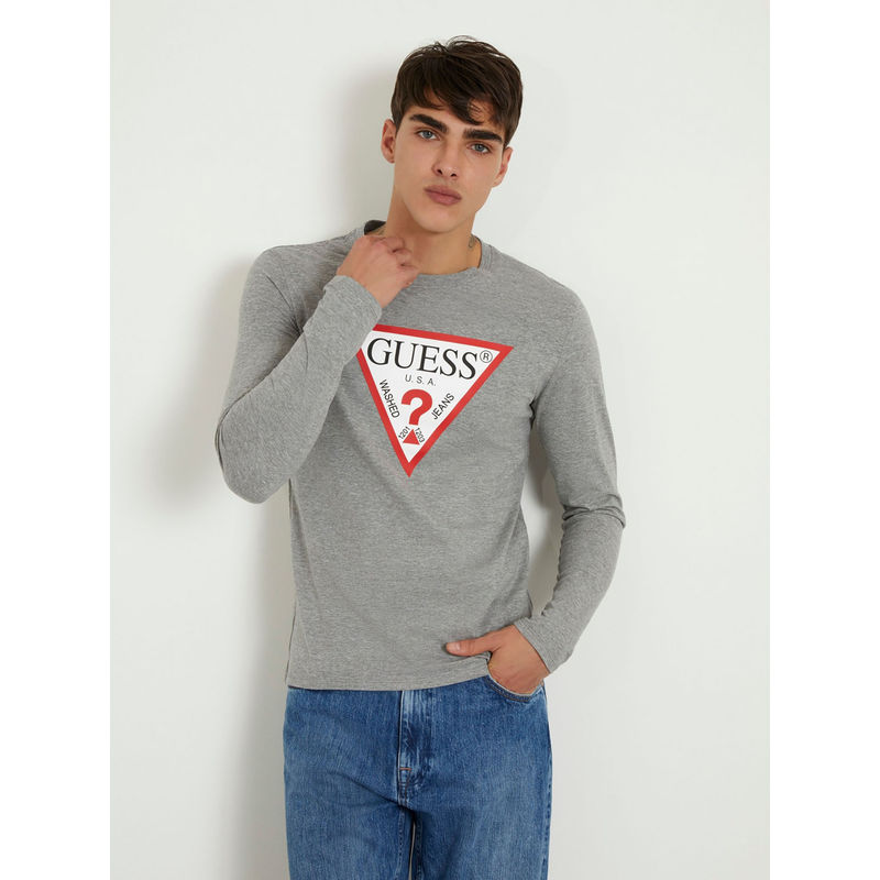 Guess Men Grey Printed Round Neck Full Sleeves T-Shirt (S)