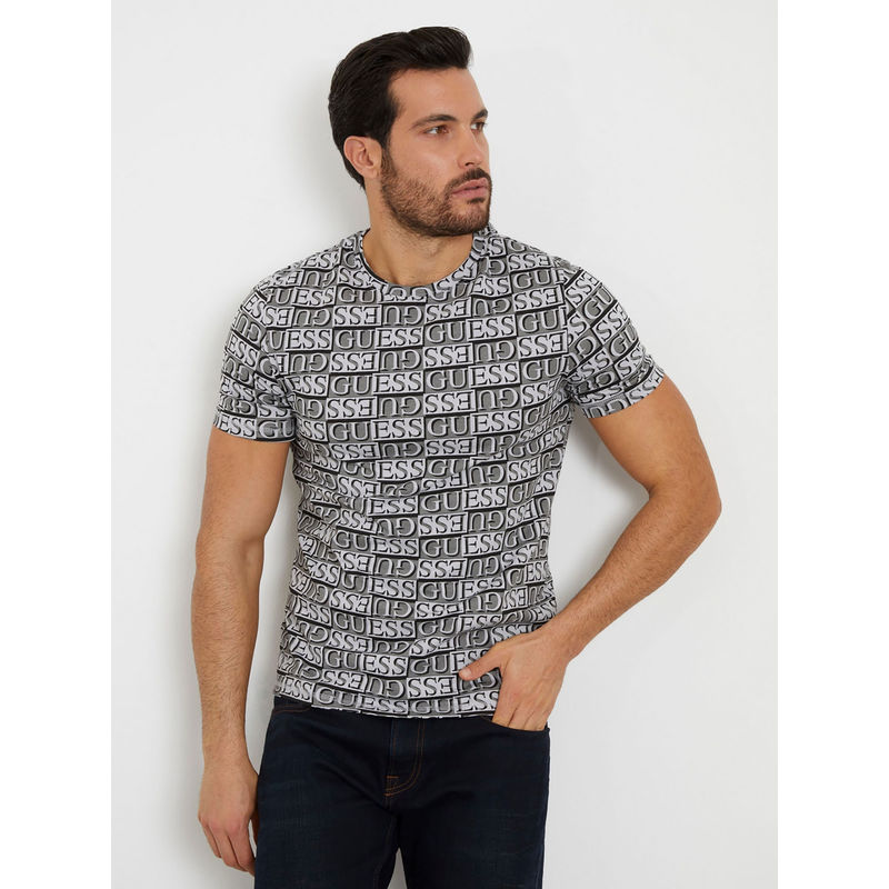 Guess Men Grey Typography Round Neck Short Sleeves T-Shirt (S)