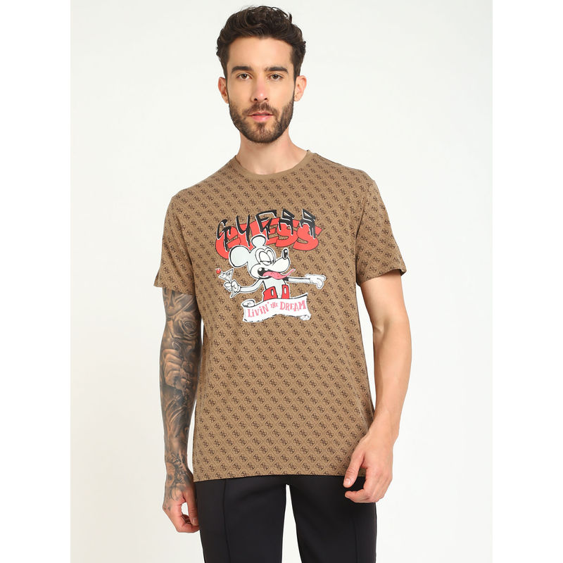 Guess Men Brown Printed Round Neck Short Sleeves T-Shirt (2XL)
