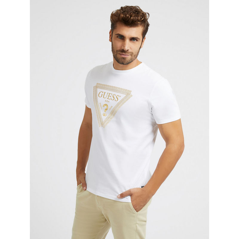 Guess Men White Printed Round Neck Short Sleeves T-Shirt (M)