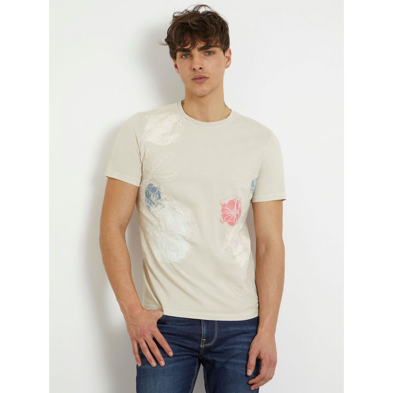 Guess Men Ivory Embroidered Round Neck T-Shirt (S)