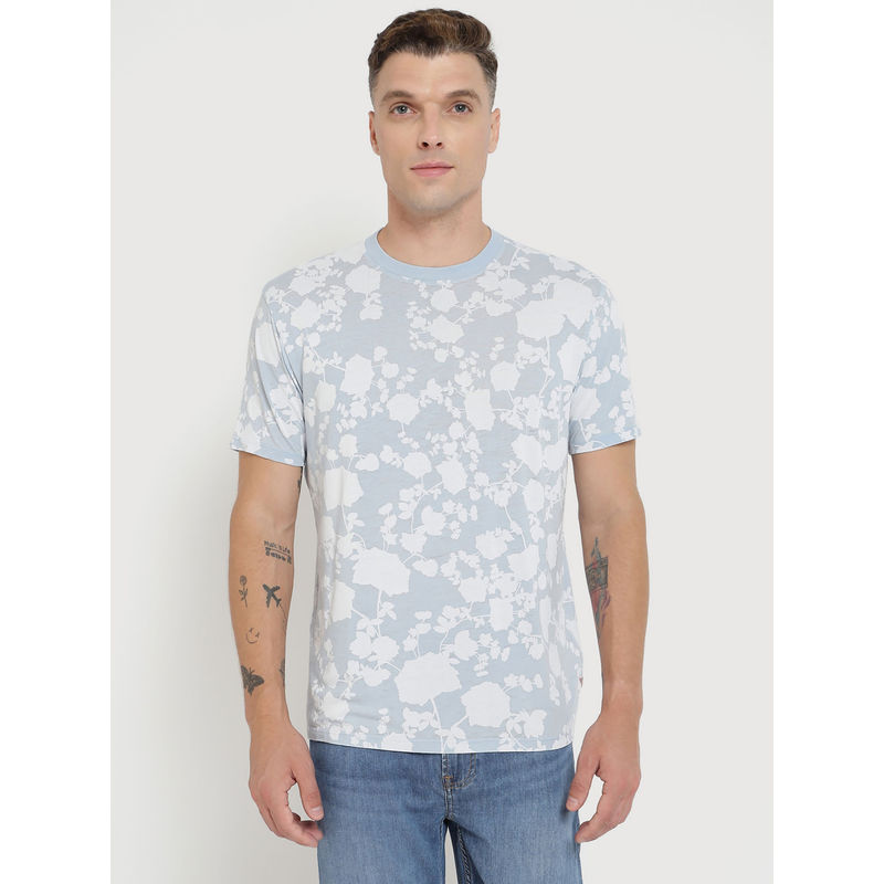Guess Men Blue Floral Printed Round Neck Short Sleeves T-Shirt (S)