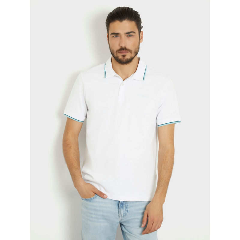 Guess Men White Solid Collared Short Sleeves Polo T-Shirt (M)