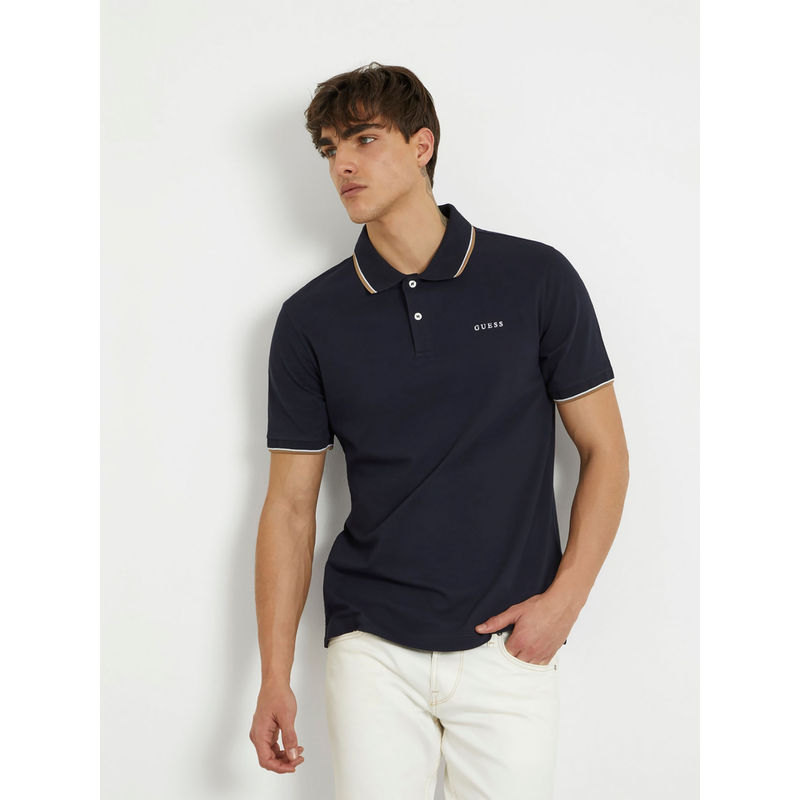Guess Men Navy Blue Solid Collared Short Sleeves Polo T-Shirt (M)