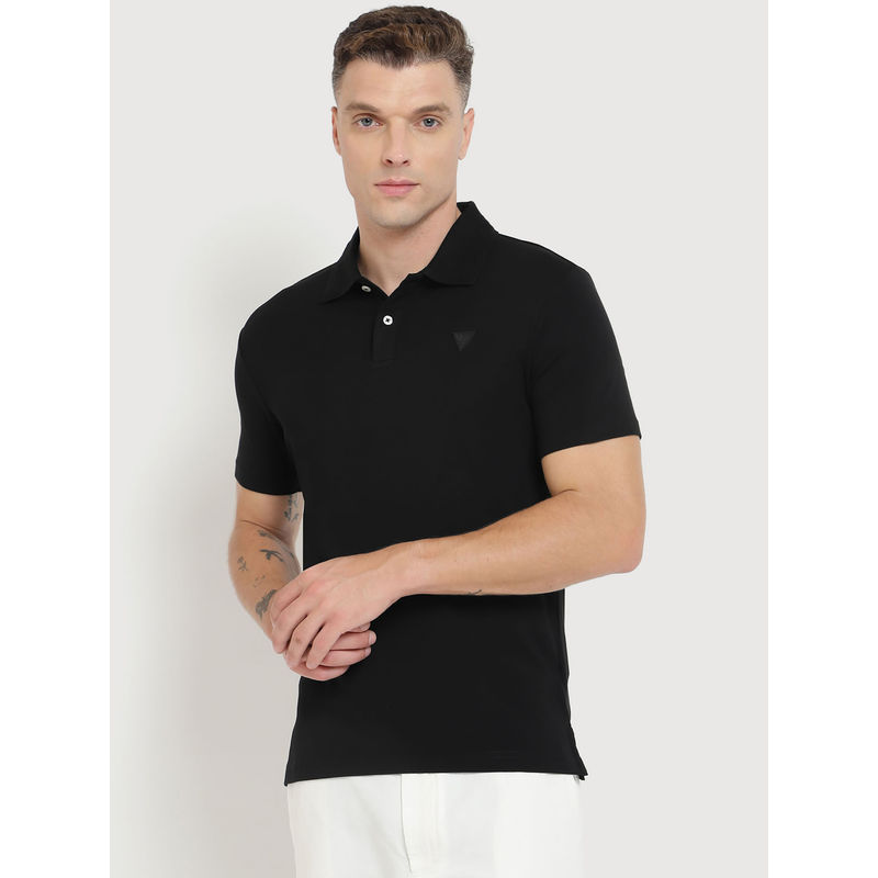 Guess Men Black Solid Short Sleeves Polo T-Shirt (S)