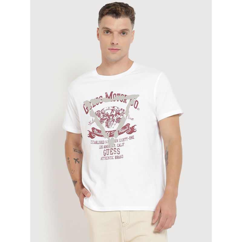 Guess Men White Printed Round Neck Short Sleeves T-Shirt (M)