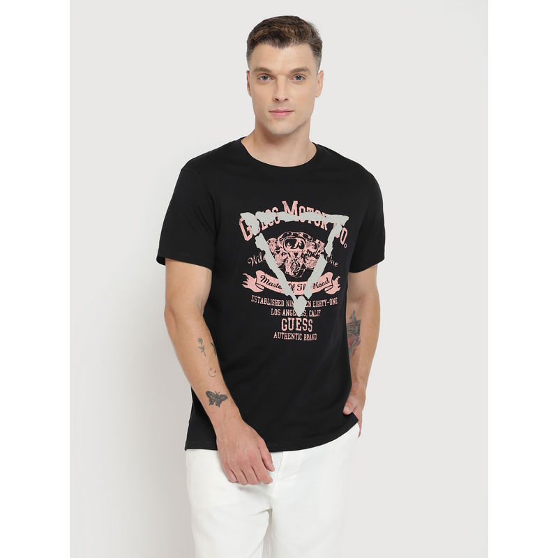 Guess Men Black Printed Round Neck Short Sleeves T-Shirt (S)
