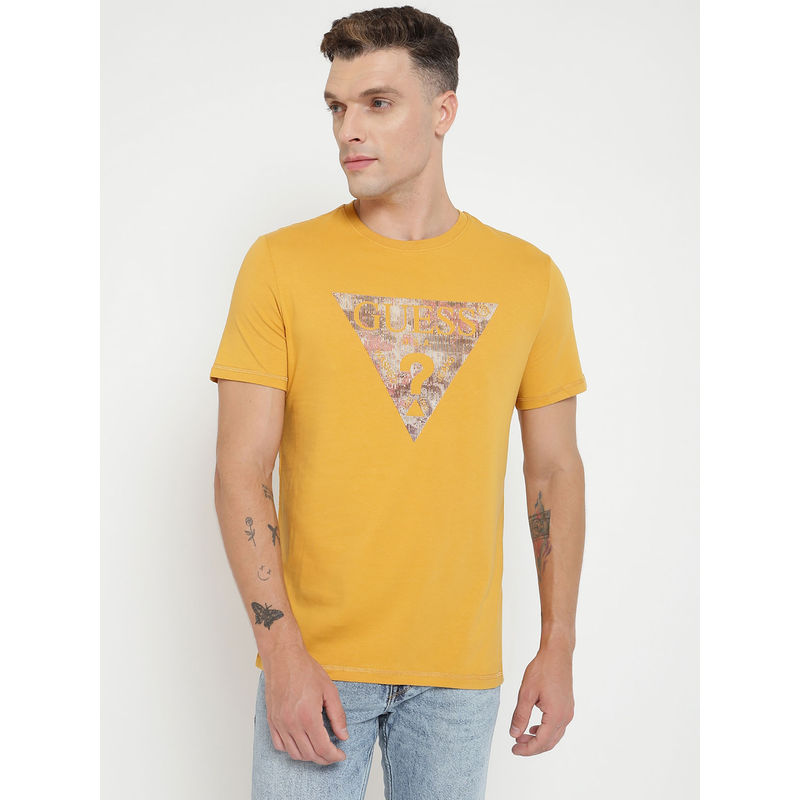 Guess Men Yellow Printed Round Neck Short Sleeves T-Shirt (S)