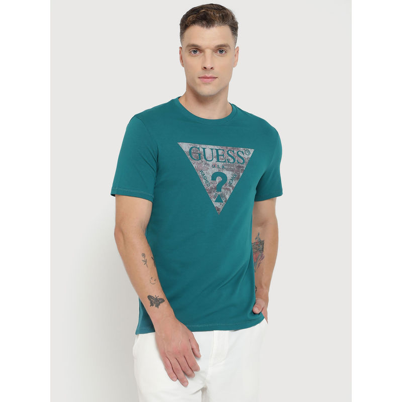 Guess Men Green Printed Round Neck Short Sleeves T-Shirt (S)