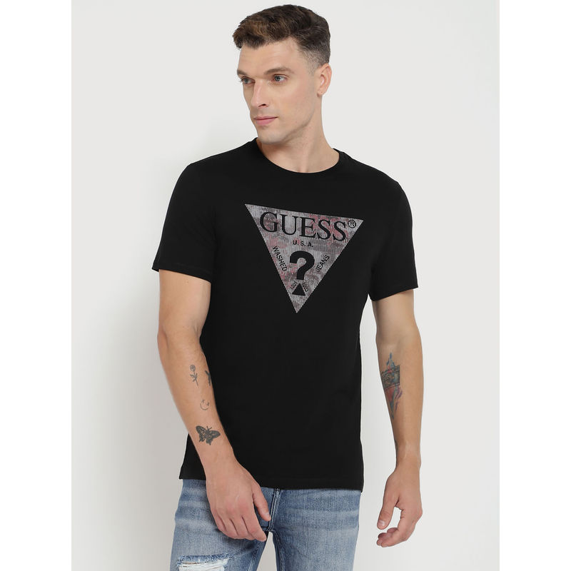 Guess Men Black Printed Round Neck Short Sleeves T-Shirt (M)