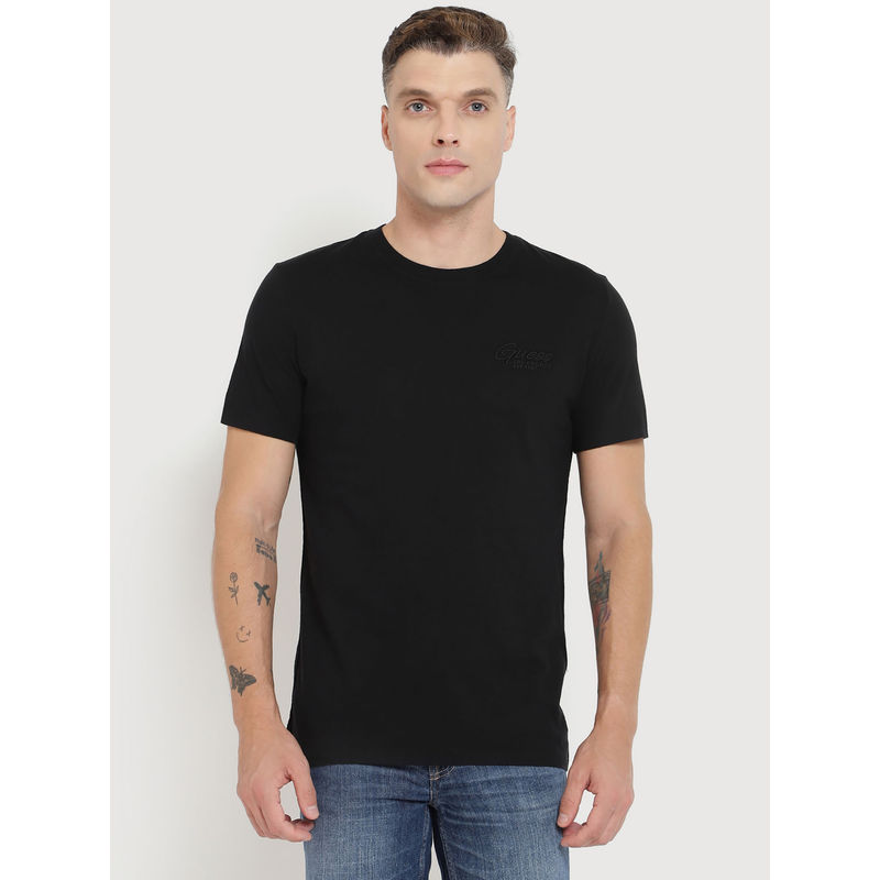 Guess Men Black Solid Round Neck Short Sleeves T-Shirt (S)