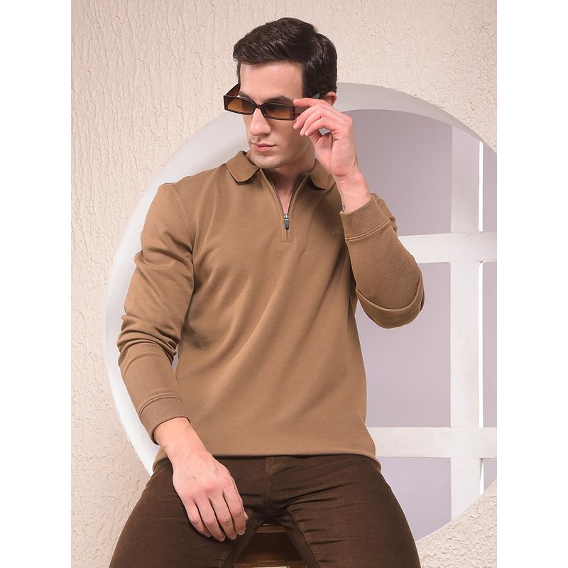 CRIMSOUNE CLUB Brown Jacquard Polo Neck Sweatshirt (S)