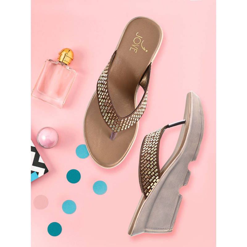 Jove Women Brown Embellished Wedges (EURO 37)