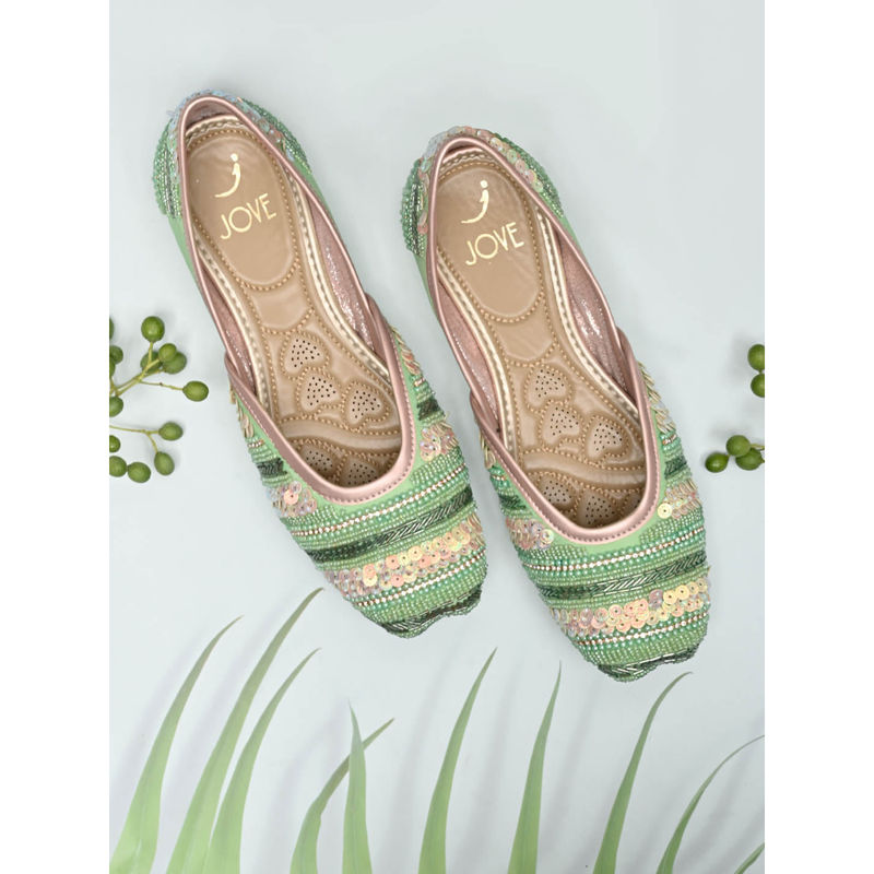 Jove Women Green Embellished Juttis (EURO 38)