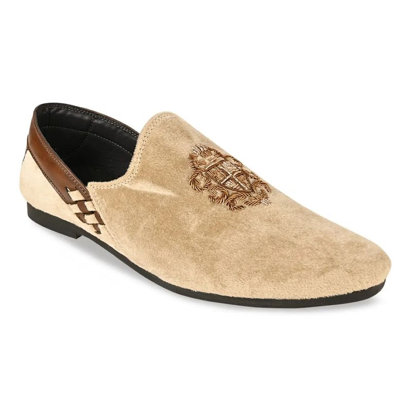 REGAL Beige Men Solid Velvet Embroidered Ethnic Slip Ons (UK 8)