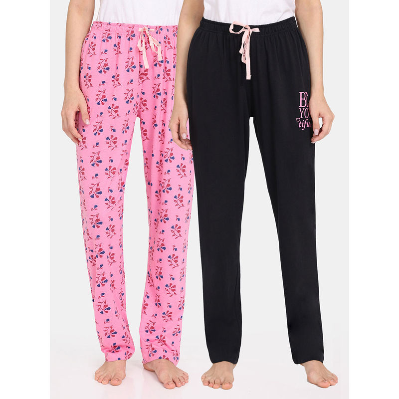 Zivame Rosaline Bloom Fest Knit Cotton Pyjamas - Black Pink (Pack of 2) (L)