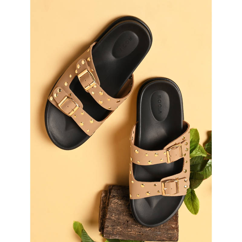 ROCIA Beige Women Gold Studded Sandals (EURO 36)