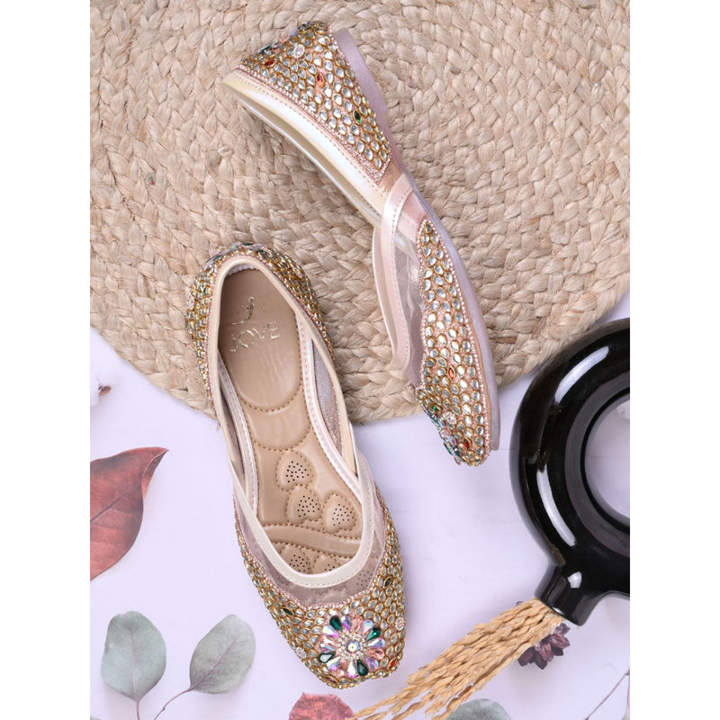 Jove Women Rose Gold Ethnic Embellished Juttis (UK 6)