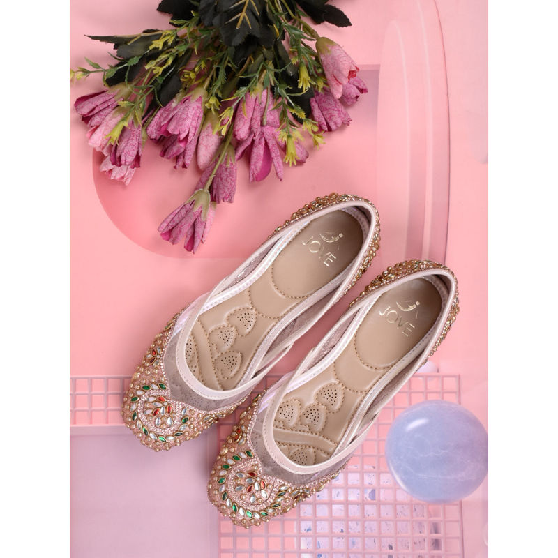 Jove Women Rose Gold Ethnic Embellished Juttis (UK 3)