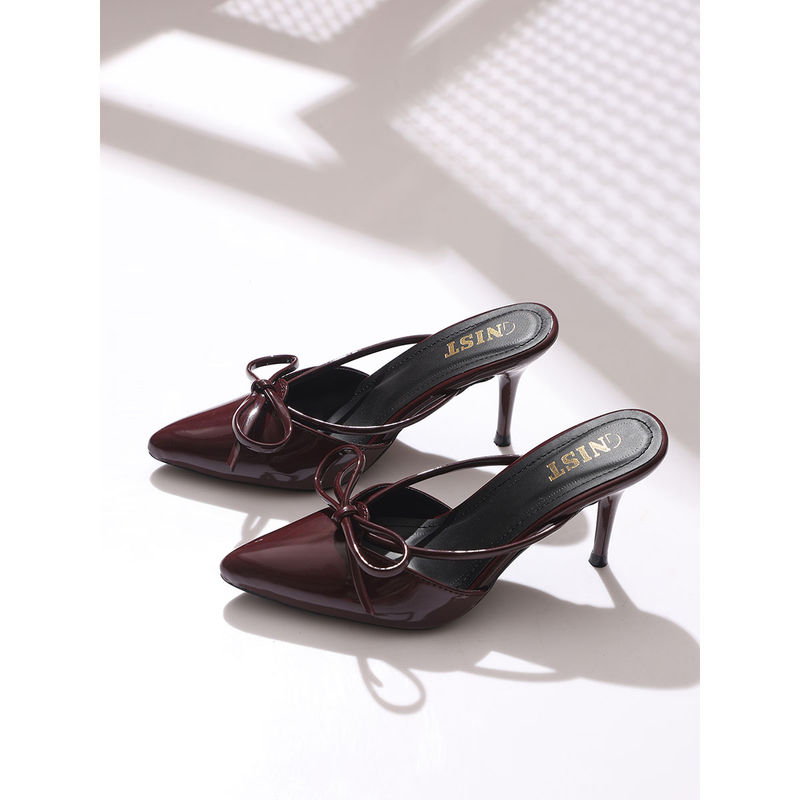 GNIST Pointed Bow Burgundy Stiletto Mules Heels (EURO 38)